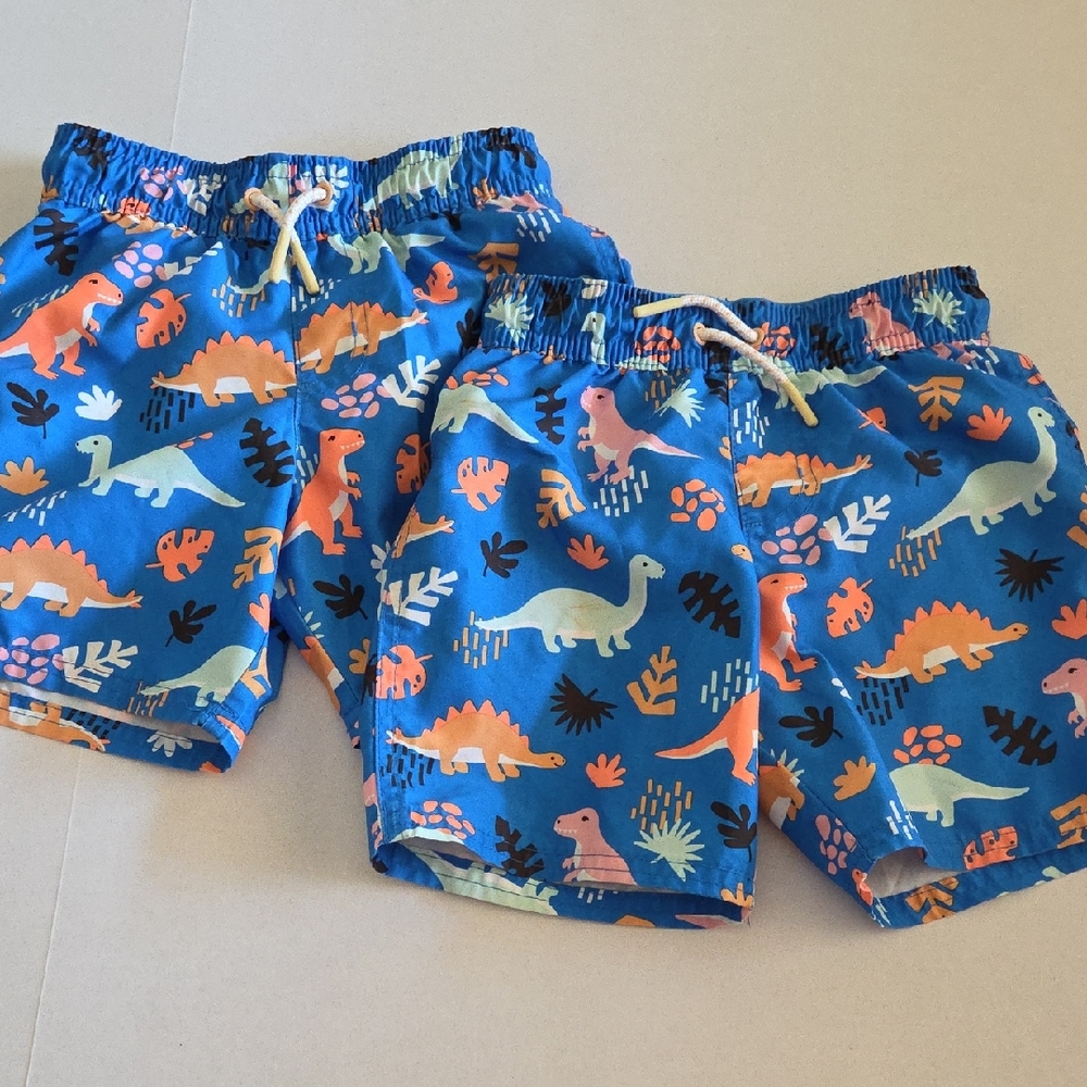 Kids Blue Dinosaur Print Swim Shorts with Drawstring Set Of 2